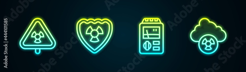 Set line Triangle with radiation, Radioactive in shield, Dosimeter and Acid rain and radioactive cloud. Glowing neon icon. Vector