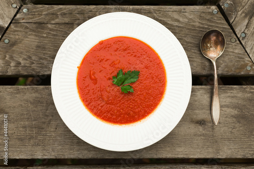 Delicious tomato soup from overhead on a picnic table photo
