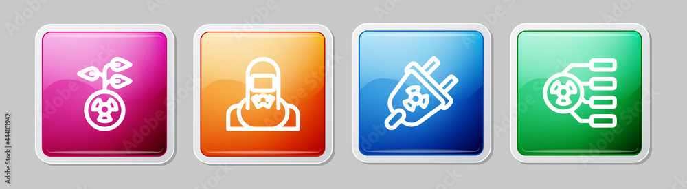 Set line Radioactive, Nuclear reactor worker, Radiation electrical plug and . Colorful square button. Vector Set line Radioactive, Nuclear reactor worker, Radiation electrical plug and . Colorful square button. Vector