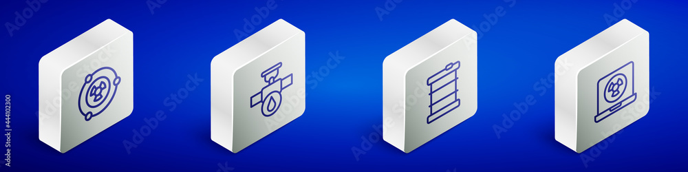 Set Isometric line Radioactive, Industry pipe and valve, waste in barrel and Nuclear laptop icon. Vector Set Isometric line Radioactive, Industry pipe and valve, waste in barrel and Nuclear laptop icon. Vector
