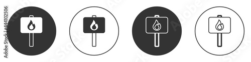 Black Protest icon isolated on white background. Meeting, protester, picket, speech, banner, protest placard, petition, leader, leaflet. Circle button. Vector