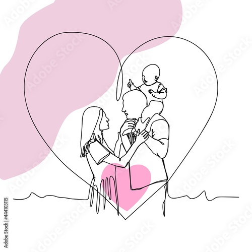 Continuous line drawing of happy family dad, mom, and child. Single line art concept of small family. Vector illustration