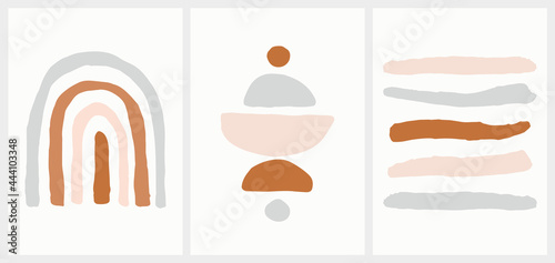Hand Drawn Wall Decor with Abstract Shapes. Cute Set in Pastel and Earthy Colors. Vector Isolated Elements. Bohemian Style. Neutral Nursery Art Design for Room Decoration, Cards, Invitations, Posters.