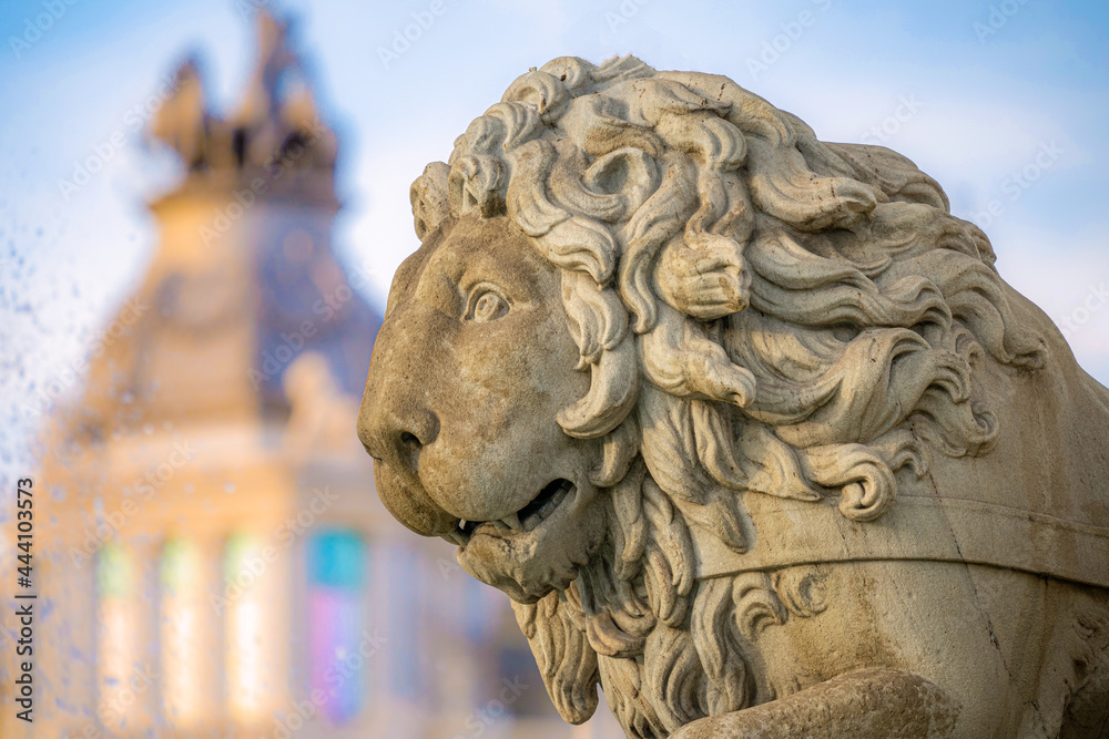 Statue of the goddess Cibeles and the lions in the city of Madrid, Spain, during a sunny summer day with few clouds	
