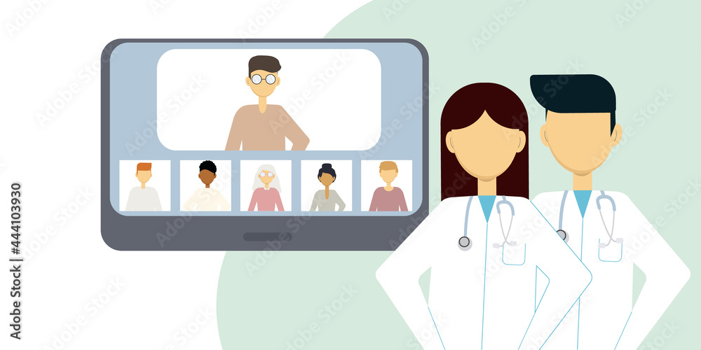 Illustration of online communication of two doctors with several people through the phone screen Illustration of online communication of two doctors with several people through the phone screen