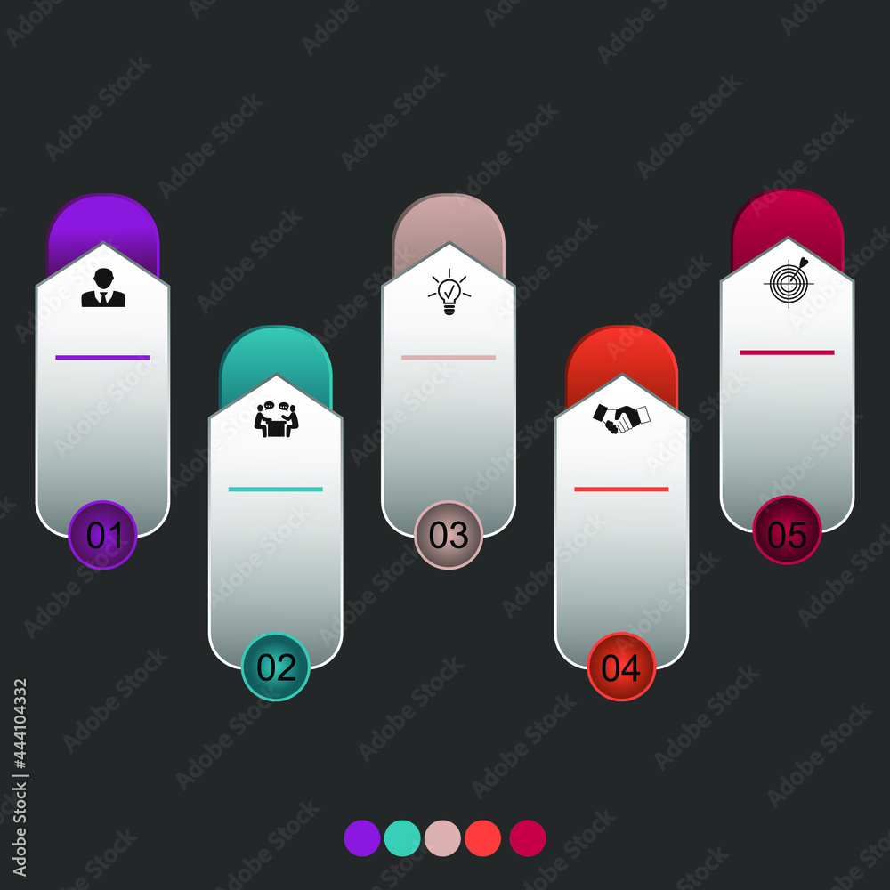 Business data visualization, infographics. Schematic of the process of elements using graphics, diagrams in five stages, numbers, options, parts. Business vector for presentation Business data visualization, infographics. Schematic of the process of elements using graphics, diagrams in five stages, numbers, options, parts. Business vector for presentation