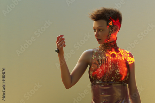 Futuristic woman looks at hand