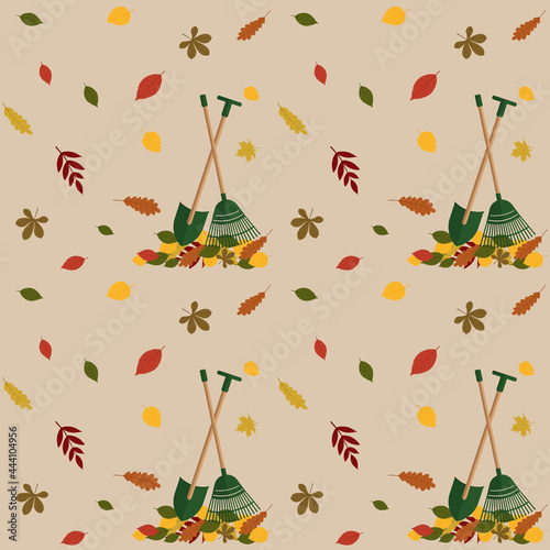 Pattern depicting fall foliage and garden tools