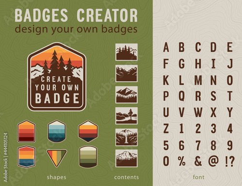 Hiking Badge Creator. Vintage patches elements and styled font.  photo
