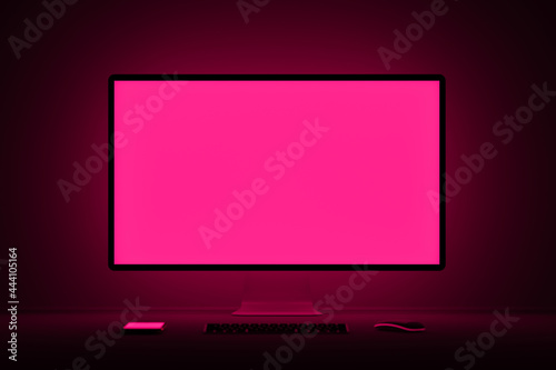 Desktop computer with fuchsia screen turned on