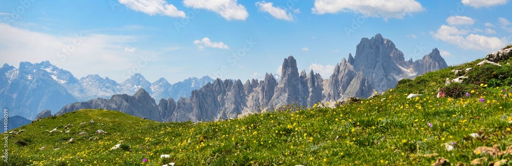 unesco world heritagelarge, dolomites in europe, panorama picture to the gruppo dei cadini torre siorpaes. beautiful