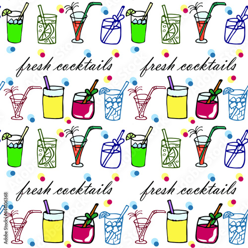 illustration of fresh cocktails seamless pattern, cocktail pattern, white background,