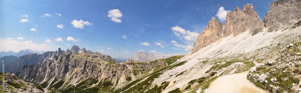 large panorama picture from thetre cime to the gruppo dei cadini torre siorpaes.dolomites in italy.UNESCO world heritage