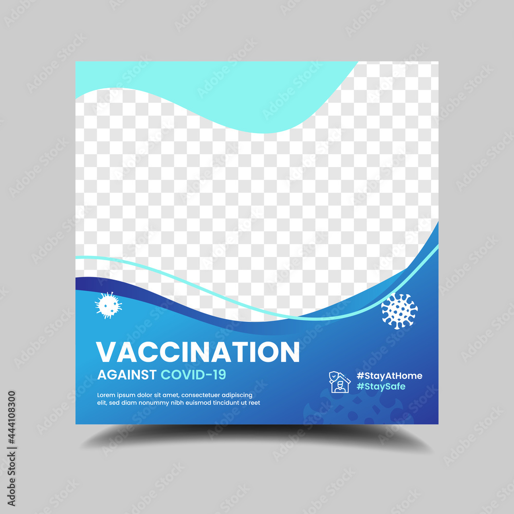 Medical vaccination social media post template. Modern square banner with place for the photo. Usable for social media post.
