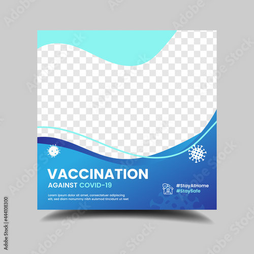 Medical vaccination social media post template. Modern square banner with place for the photo. Usable for social media post.