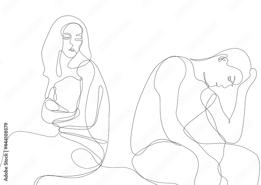 One line hand drawn boy and girl. Two people sit, arguing and swearing ...