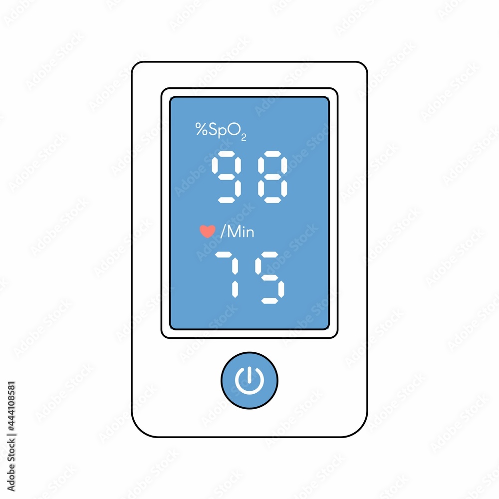 Pulse Oximeter with normal value. Digital device to measure oxygen saturation. Isolated line vector illustration on white background Pulse Oximeter with normal value. Digital device to measure oxygen saturation. Isolated line vector illustration on white background