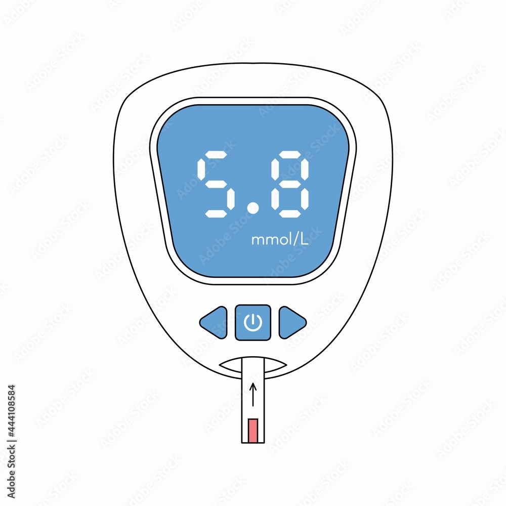 Portable glucometer with normal values. Blood glucose test. Blood sugar readings. Diabetes control and diagnostics. Medical measurement apparatus. Vector line illustration Portable glucometer with normal values. Blood glucose test. Blood sugar readings. Diabetes control and diagnostics. Medical measurement apparatus. Vector line illustration