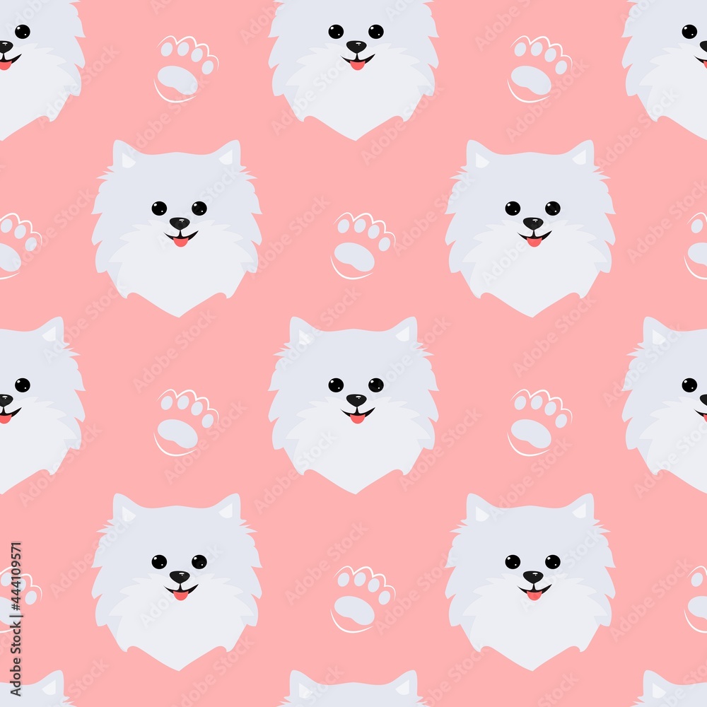 Seamless pattern with pomeranian. Background with a pattern of a dog's face. Vector flat illustration. Seamless pattern with pomeranian. Background with a pattern of a dog's face. Vector flat illustration.