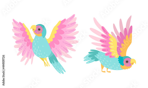 Beautiful Parrots Set, Exotic Flying Tropical Birds Cartoon Vector Illustration