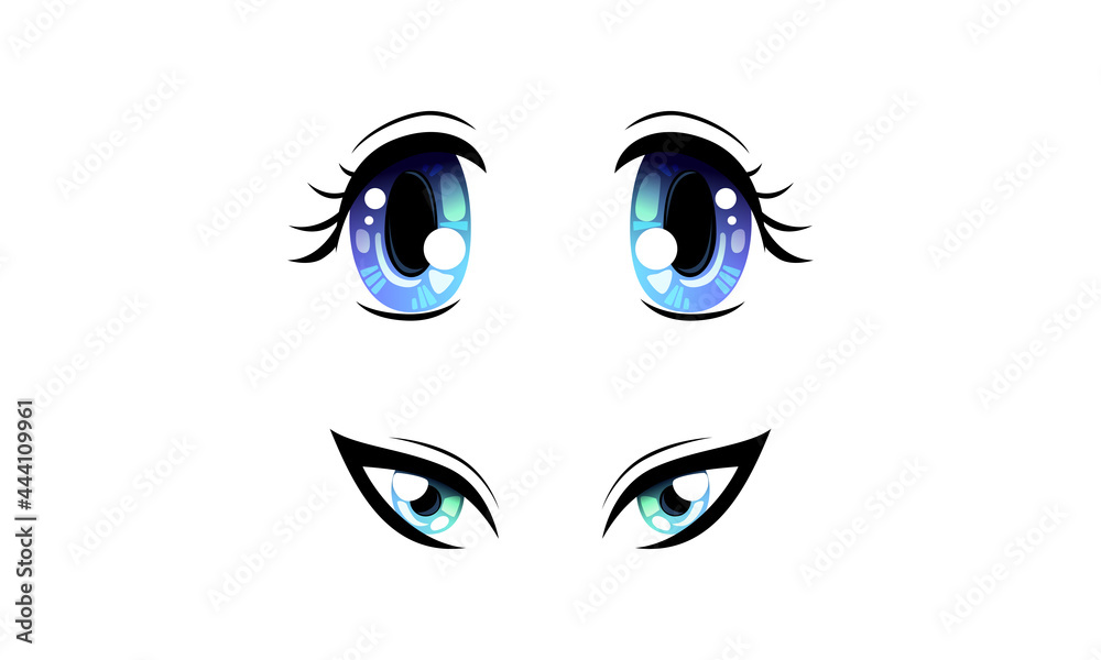 Beautiful Expressive Blue Eyes with Shiny Light Reflections Set Cartoon Vector Illustration