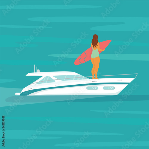 Speed yacht with surfer body positive woman in sea, ocean. Summer vacation seaside concept. Vector stock illustration isolated for advertisement beach surf school travel agency, yachting club, marine © l.v.l