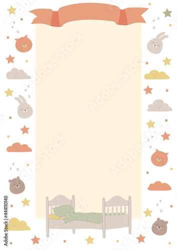 Hand-drawn colored vector template, frame for list of the bed place in kindergarten or children's summer camp with cute sleeping animals. Blank A4 format