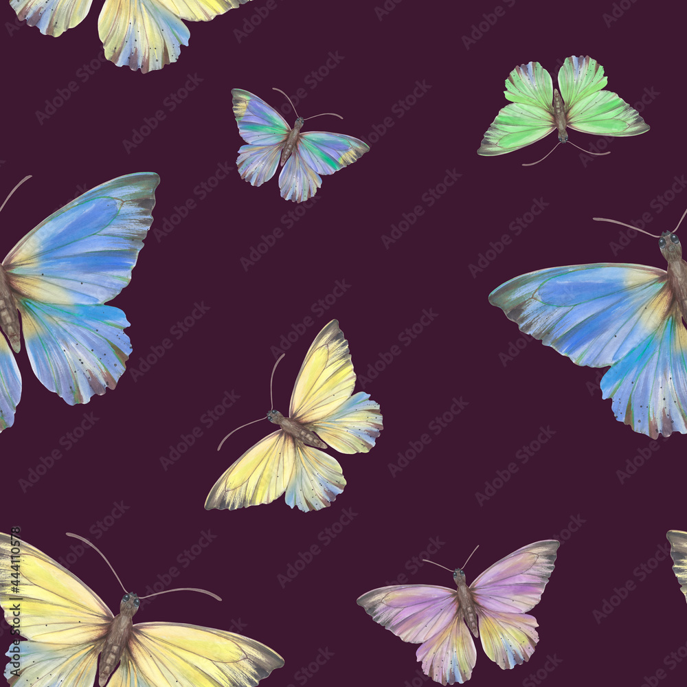 Watercolor, colorful butterflies on a purple background. Bright butterflies, seamless pattern. Suitable for design, scrapbooking, wrapping paper, print, packaging.
