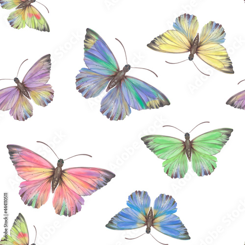 Watercolor, colorful butterflies on a white background. Bright butterflies, seamless pattern. Suitable for design, scrapbooking, wrapping paper, print, packaging. © Sergei