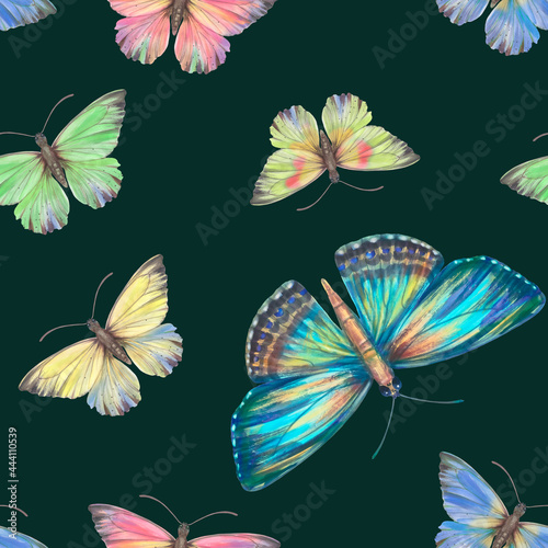 Watercolor  colorful butterflies on a green background. Bright butterflies  seamless pattern. Suitable for design  scrapbooking  wrapping paper  print  packaging.