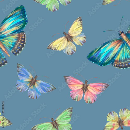 Watercolor  colorful butterflies on a blue background. Bright butterflies  seamless pattern. Suitable for design  scrapbooking  wrapping paper  print  packaging.