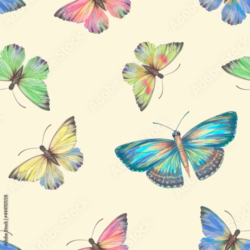 Watercolor, colorful butterflies on a beige background. Bright butterflies, seamless pattern. Suitable for design, scrapbooking, wrapping paper, print, packaging.