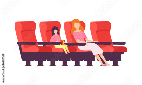 Woman with Kid Sitting in Cinema or Movie Theater Viewing Film for Entertainment Vector Illustration