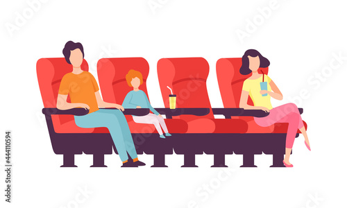 Man with Kid and Woman Sitting in Cinema or Movie Theater Viewing Film for Entertainment Vector Illustration