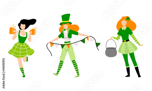 Happy Young Women in Green Irish Traditional Costumes Celebrating Saint Patrick s Day Holiday Cartoon Vector Illustration