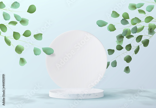 Minimalistic abstract background design with marble pedestal. A realistic image of an empty cylindrical podium for product demonstration with tree leaf decorations.