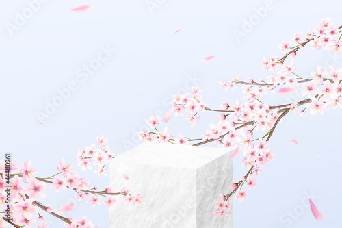 Realistic abstract background with stone square pedestal among pink flowers. Empty podium in minimal style for product demonstration.