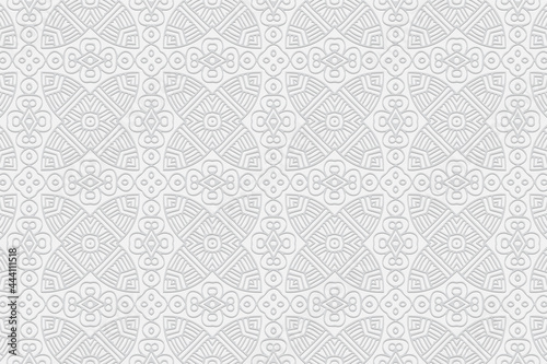 3D volumetric convex embossed geometric white background. Ethnic ornament. Pattern based on oriental motives. Unique handmade style. Vector graphics for wallpapers, business cards, presentations.