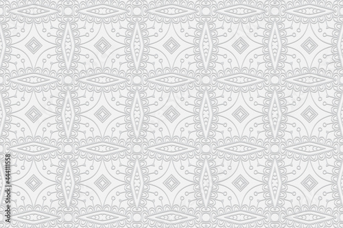 3D volumetric convex embossed geometric white background. Ethnic ornament. Pattern based on oriental motives. Fashionable handmade style. Vector graphics for wallpaper, business cards, presentations.