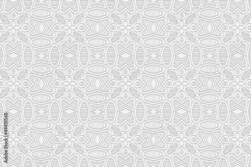3D volumetric convex embossed geometric white background. Ethnic ornament. Pattern based on oriental motives. Modern handmade style. Vector graphics for wallpapers, business cards, presentations.