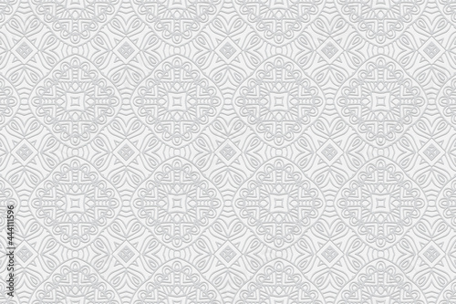 3D volumetric convex embossed geometric white background. Ethnic ornament. Pattern based on oriental motives. Openwork handmade style. Vector graphics for wallpapers, business cards, presentations.