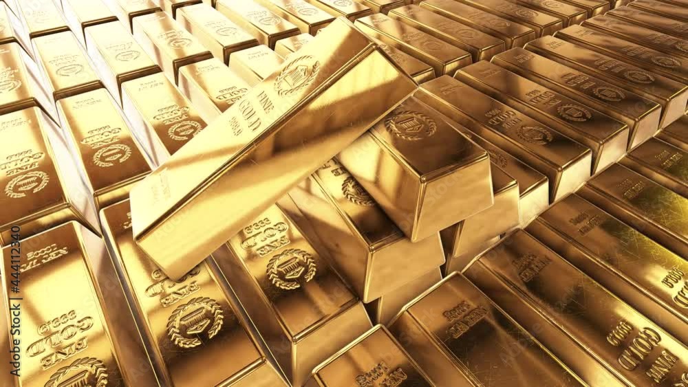 Gold bricks. Stack of gold bullion bars. Seamless looping footage. Gold bars stacked in a row. The camera pans around gold bars in close up. Gold bricks. Stack of gold bullion bars. Seamless looping footage. Gold bars stacked in a row. The camera pans around gold bars in close up.