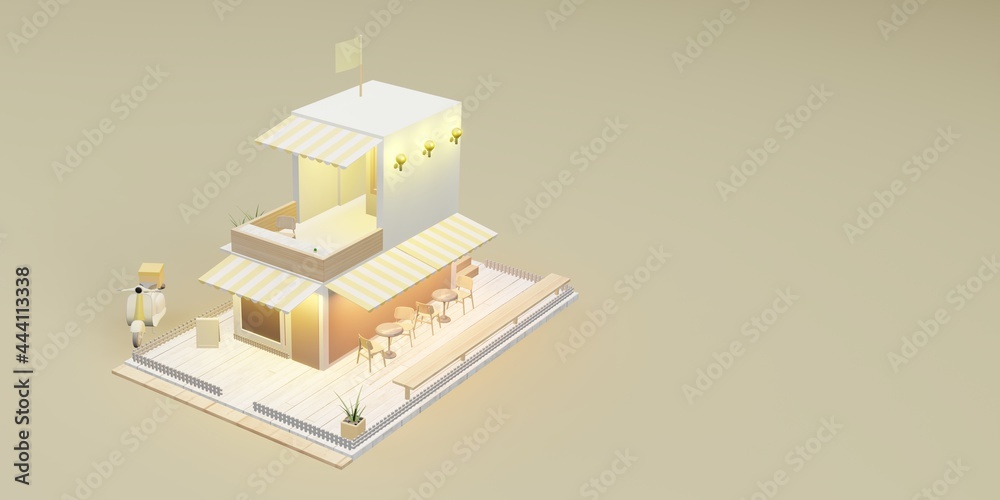 Naklejka premium coffee shop model restaurant model and delivery services cartoon images 3D illustrations