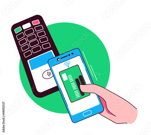 Hand with credit card payment via bank terminal. Card payment illustration in green, blue and white colors.