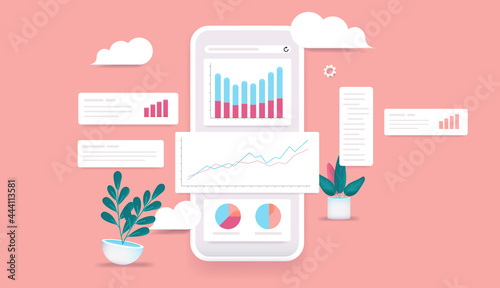Data analysis on smartphone app - Phone screen with chart, graph and diagrams showing financial figures. Professional vector illustration.