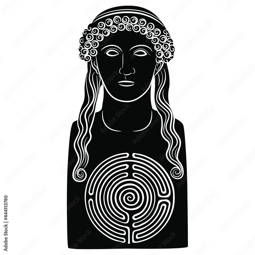 Bust of ancient Greek woman or goddess with a round spiral maze or