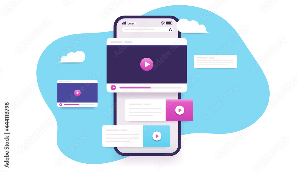 Video on smartphone - Phone with internet and online videos and text elements popping out. Vector illustration with white background. Video on smartphone - Phone with internet and online videos and text elements popping out. Vector illustration with white background.