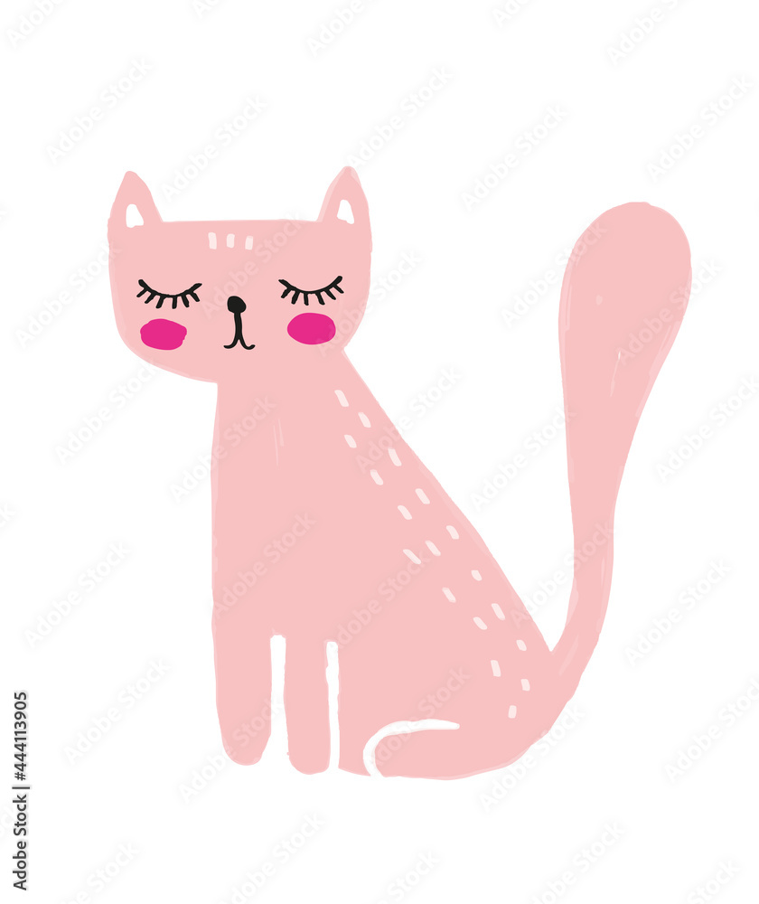Cute Vector Illustration with Dreamy Pink Kitty Isolated on a White Background. Infantile Style Nursery Art with Funny Cat ideal for Wall Art, Card,Poster, Kids Room Decoration. Cute Vector Illustration with Dreamy Pink Kitty Isolated on a White Background. Infantile Style Nursery Art with Funny Cat ideal for Wall Art, Card,Poster, Kids Room Decoration.