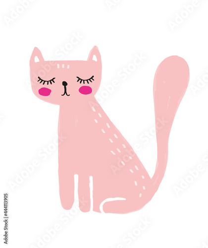 Cute Vector Illustration with Dreamy Pink Kitty Isolated on a White Background. Infantile Style Nursery Art with Funny Cat ideal for Wall Art, Card,Poster, Kids Room Decoration.