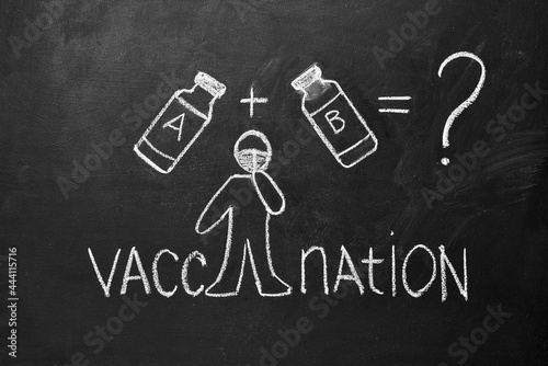 Medication compatibility concept. a man and two kinds of drugs are drawn on a chalk board